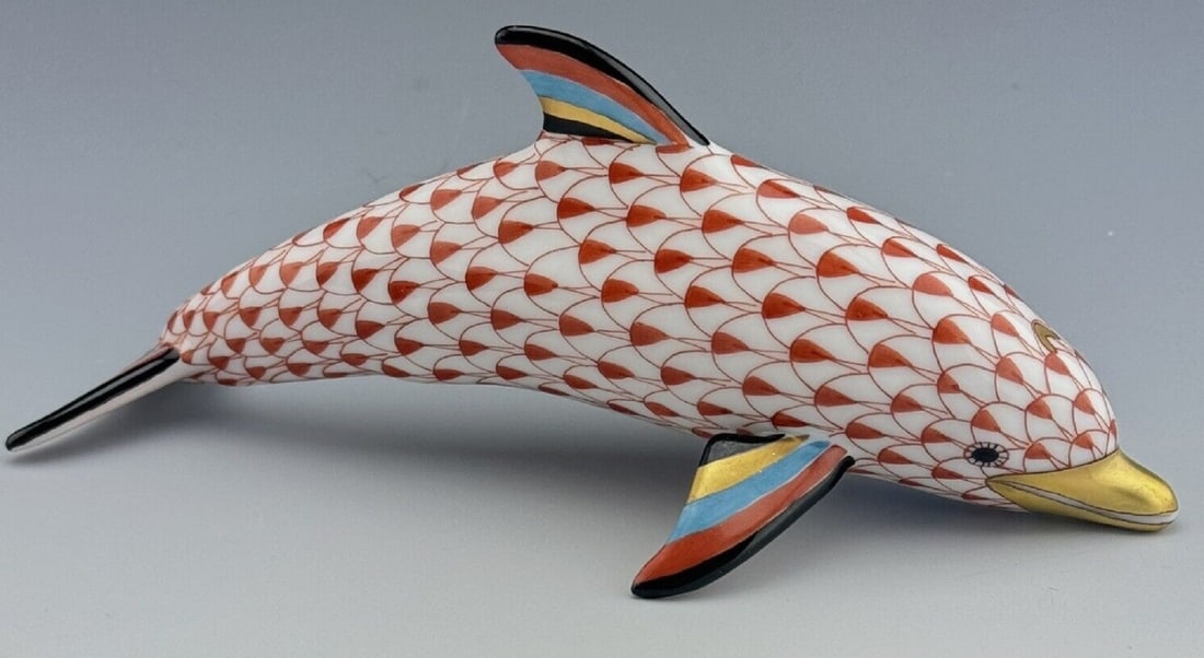 Herend Signed Porcelain Rust Fishnet  Dolphin with 24k  Gold Accents Figurine. (1 of 6)