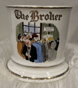 SPORTSMAN SHAVING MUG THE BROKER Occupational Series 1953: rare vintage 1953 Sportsman 'The Broker' old style shaving mug from the Occupational Series. This mug was made in the United States, adding to its uniqueness and rarity. It is accented with gold and