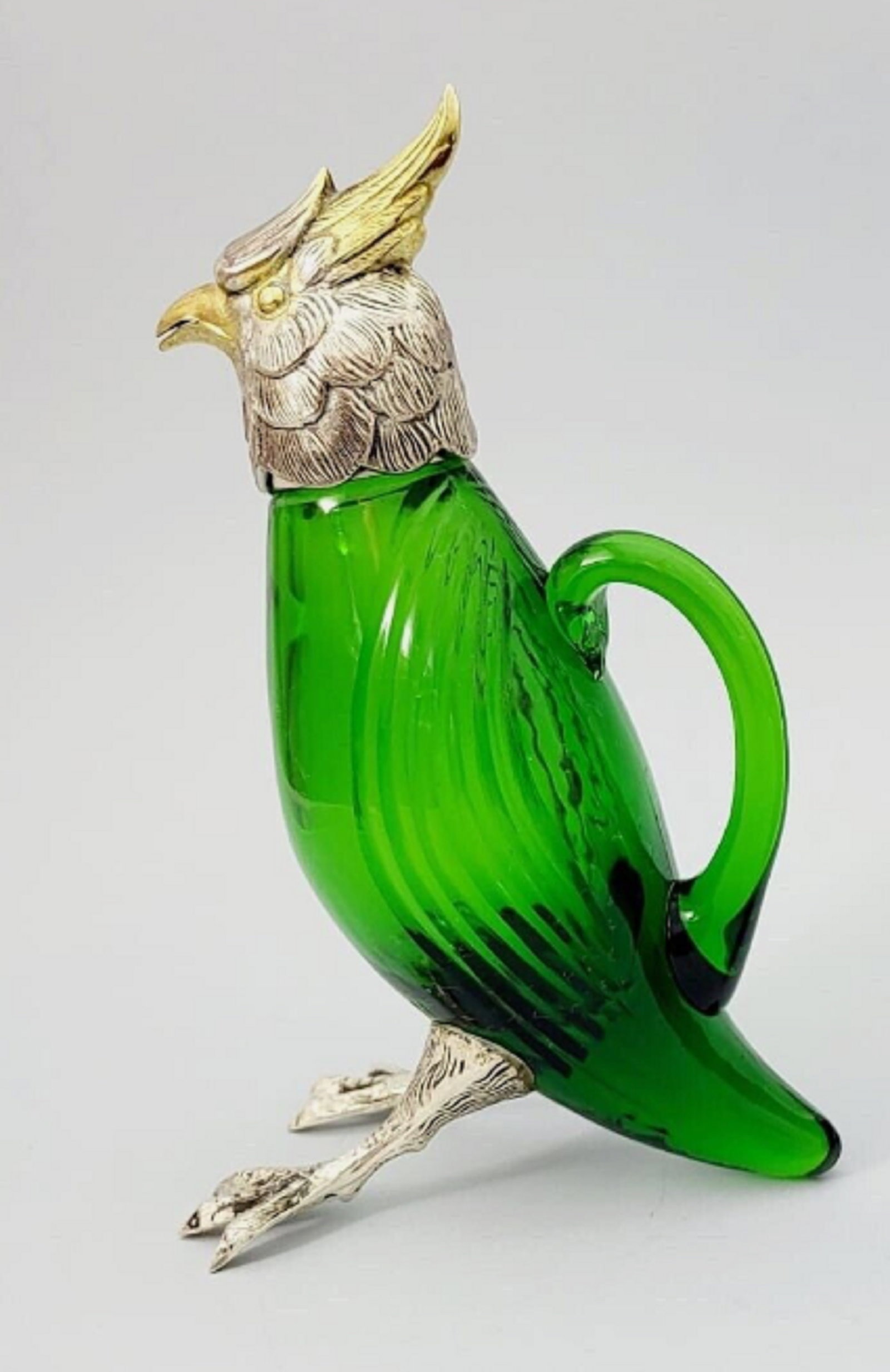 Spanish Sterling Silver EMERALD GREEN CRYSTAL Figural Bird Decanter Cruet (1 of 8)