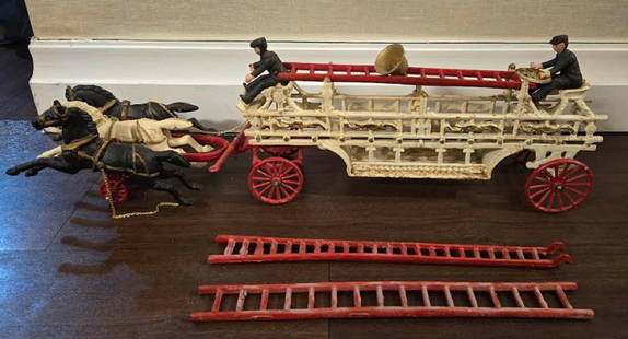 CAST IRON HORSE DRAWN FIRE LADDER TRUCK WITH DRIVERS HORSES LADDERS AND BELL 29 INCHES: CAST IRON HORSE DRAWN FIRE LADDER TRUCK WITH DRIVERS HORSES LADDERS AND BELL3 Horses2 Firemen3 Ladders29" LongSome wear from age and use