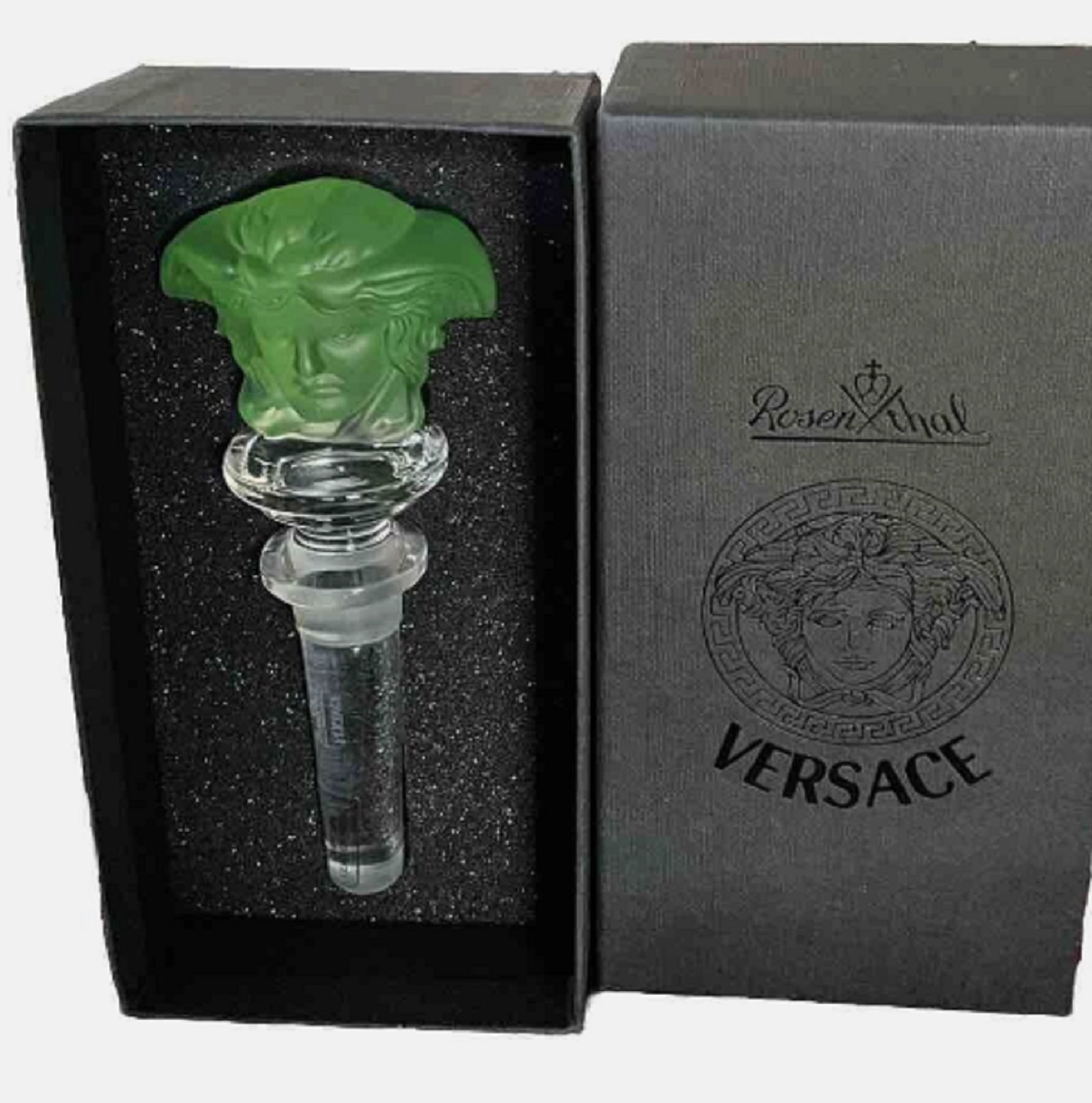 VERSACE Rosenthal "Medusa" GREEN Crystal Designer Wine Bottle Stopper With Box: VERSACE Rosenthal "Medusa" Crystal Designer Wine Bottle Stopper With Box