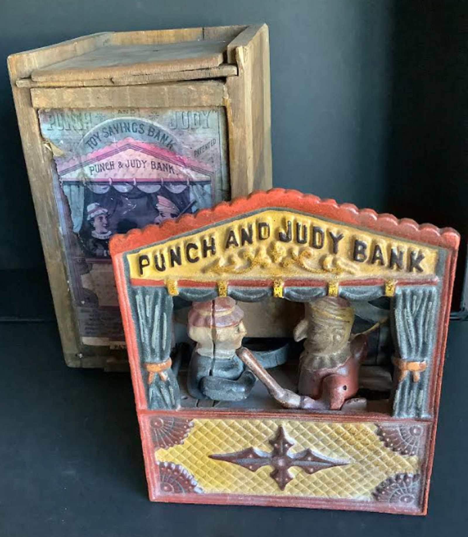 Shepard Hardware 1884 Punch & Judy Mechanical Bank With ORIGINAL WOODEN Box: Shepard Hardware 1884 Punch & Judy Mechanical Bank With ORIGINAL WOODEN Box. This is an original and complete Shepard Hardware Punch & Judy Mechanical Bank from 1884, including its original box. Made 