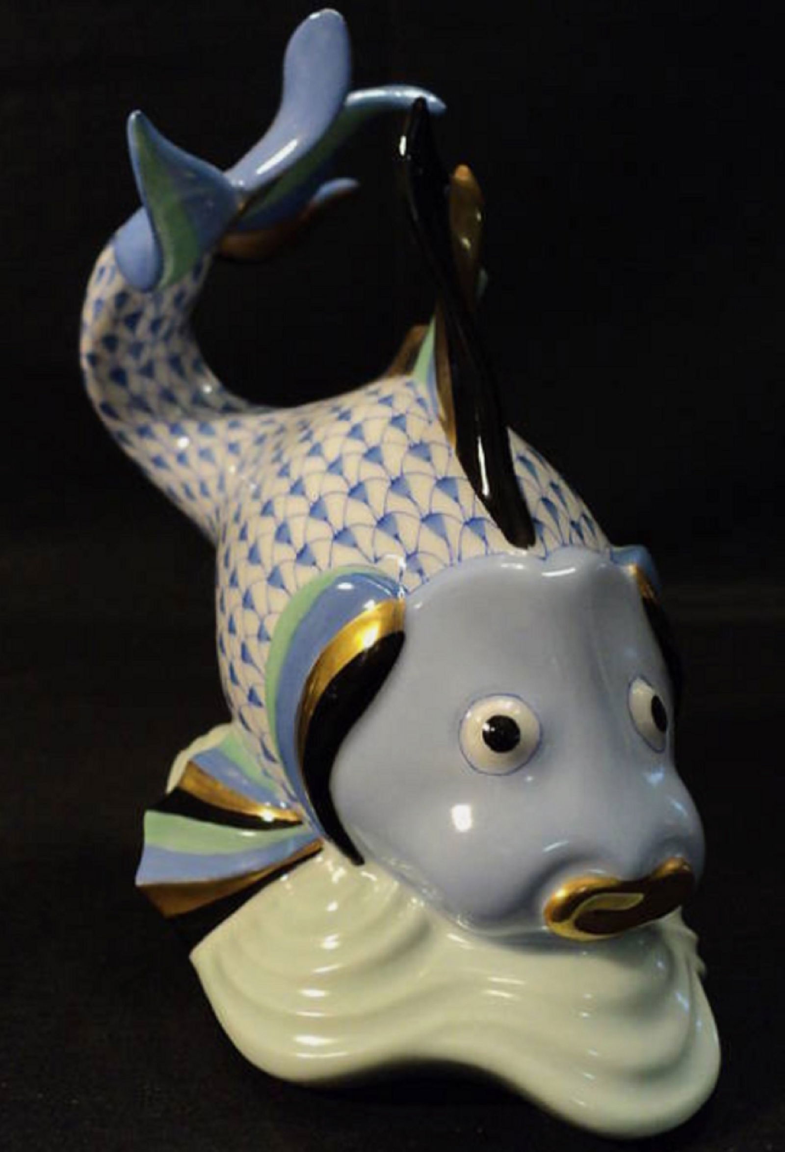 HEREND SIGNED PORCELAIN BLUE FISHENT LARGE KOI CARP FISH FIGURINE (1 of 6)