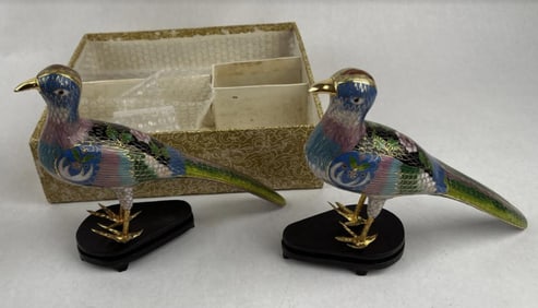 CHINESE CLOISONNE PAIR ENAMEL BRASS BIRD FIGURINE WITH BOX