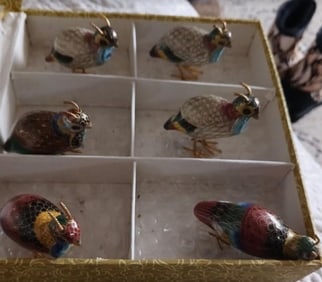 CHINESE CLOISONNE ENAMEL BRASS BIRD FIGURINE SET OF 6 WITH BOX
