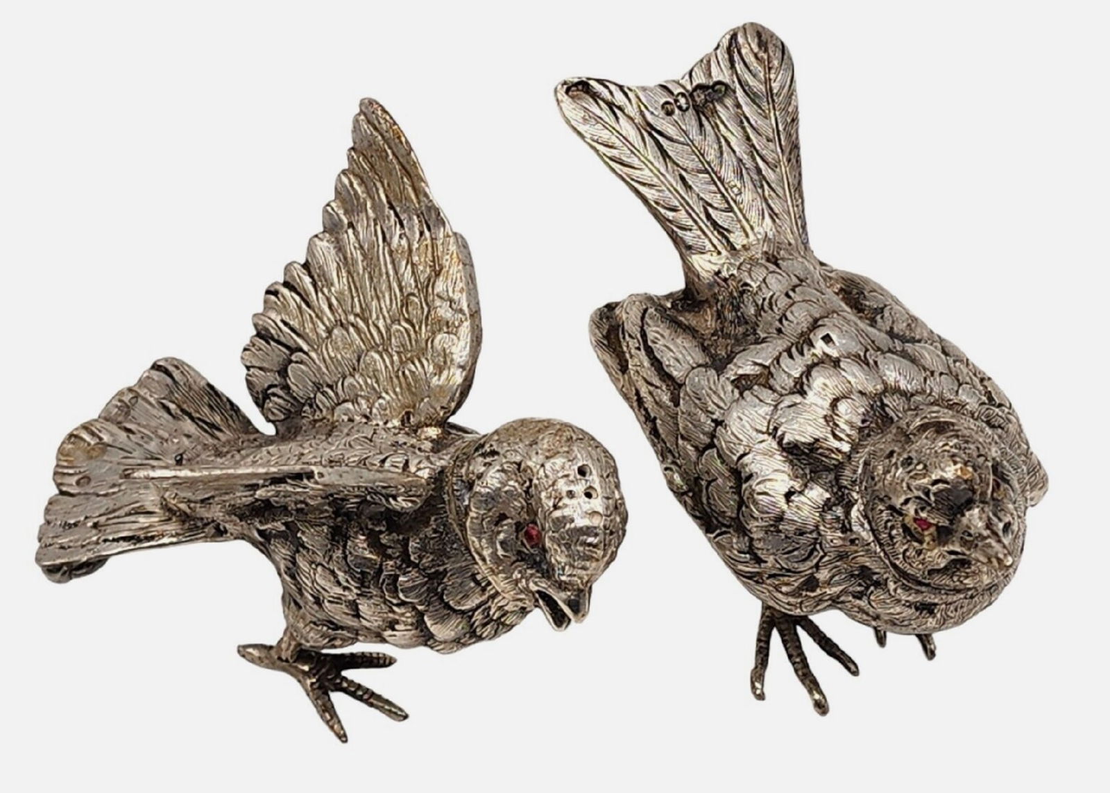 Sterling Silver Pair of Bird Pheasant Figurine with Ruby Red Eyes Salt Shaker (1 of 6)