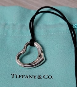 Tiffany & Co Sterling Silver Elsa Peretti Cord Heart with Diamond Pendant Necklace