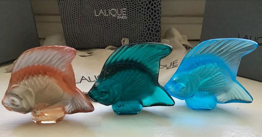 Lalique SIGNED Crystal  shades of Fish Eith Pouch  and Box Made in France 3