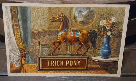BANK TRADING CARD Trick Pony Cast Iron Mechanical Toy Savings Bank