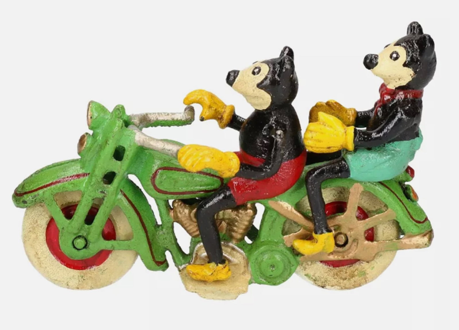 DISNEY CAST IRON Mickey And Minnie Mouse On Motorcycle: Mickey Mouse on motorbike figure.Cast iron.Bike painted Red / Green with White wheels.The bike wheels turn.Measures approx. 10cm tall, 7cm wide, by 16cm deep.Total Weight - 787g.