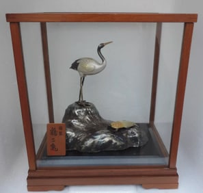 STERLING SILVER JAPANESE RED CRESTED TSURU BIRD CRANE TURTLE LUCKY CHARM OKIMONO