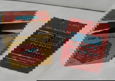 Linemar Tin Litho Toy Penny Register Red 1950's Bank wwith original box