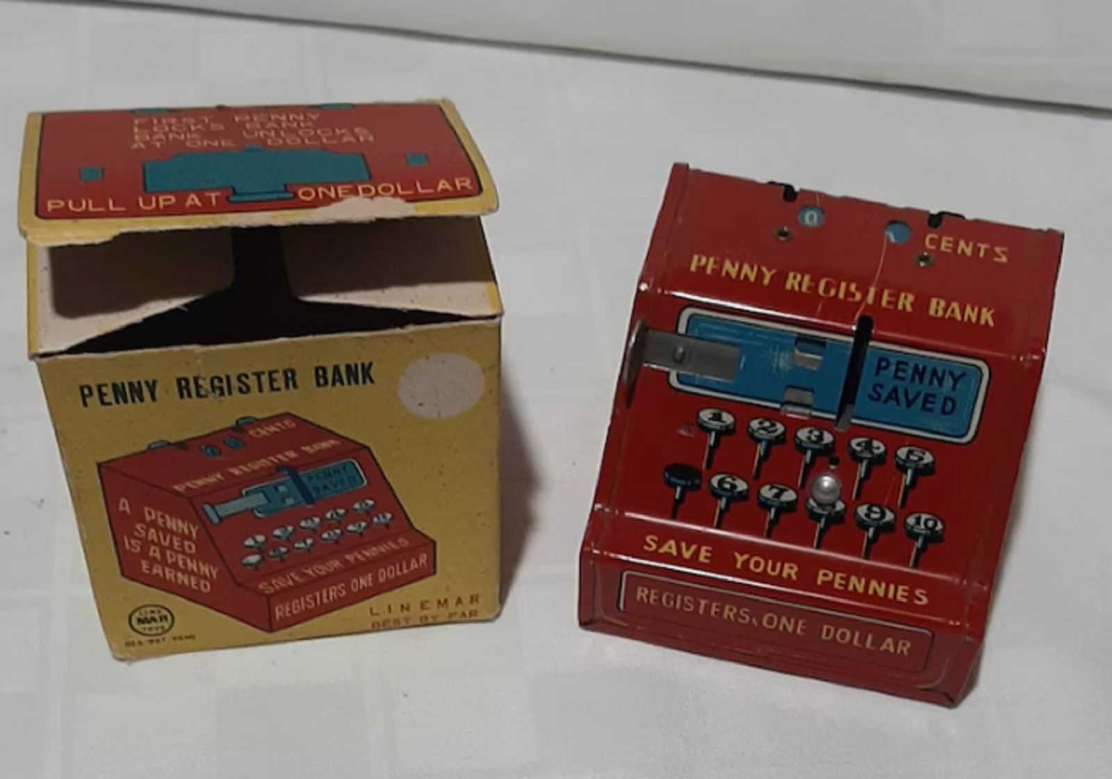 Linemar Tin Litho Toy Penny Register Red 1950's Bank wwith original box (1 of 6)