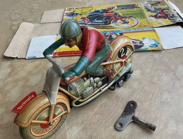 Tin Litho Wind up Antique German Technofix Trick Motorcycle Mint With Box WORKS! 1950