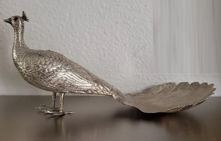 STERLING SILVER PEACOCK FIGURINE WITH RUBY EYES AND MOVING WINGS