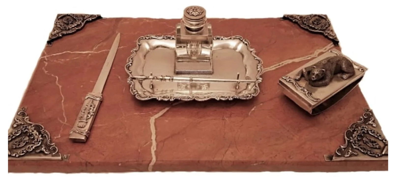 Russian Sterling Silver and Marble Desk Set with Inkwell, Letter Opener, and Blotters (1 of 6)