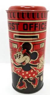 Disney Mickey Minnie Tin Litho Bank Made in England: Disney Mickey Tin Litho Bank Dating from the 1930s this wonderful British made tin piggy bank features Minnie, Mickey and a small mouse and duck character. Mickey is posting a letter to Donald Duck.