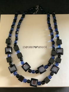 EMPORIO ARMANI DOUBLE-STRAND MIRRORED-GEMSTONE AND BEAD NECKLACE Made in ITALY: EMPORIO ARMANI DOUBLE-STRAND MIRRORED-GEMSTONE AND BEAD NECKLACE Necklace Double-strand necklace made of beads and mirrored gemstones. Snap-hook clasp. Micro charm with embossed logo. Made in Italy.Tw