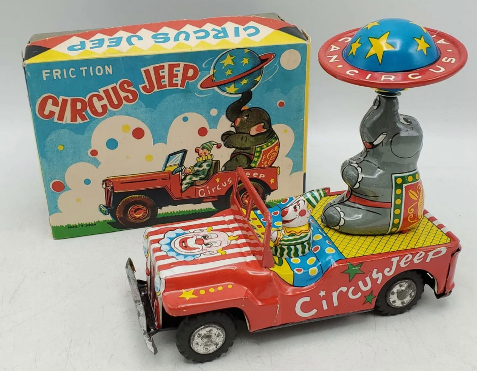 Tin Litho Friction Toy Circus Jeep With Box 1950's - Made in Japan EXELO? RARE FIND (1 of 8)