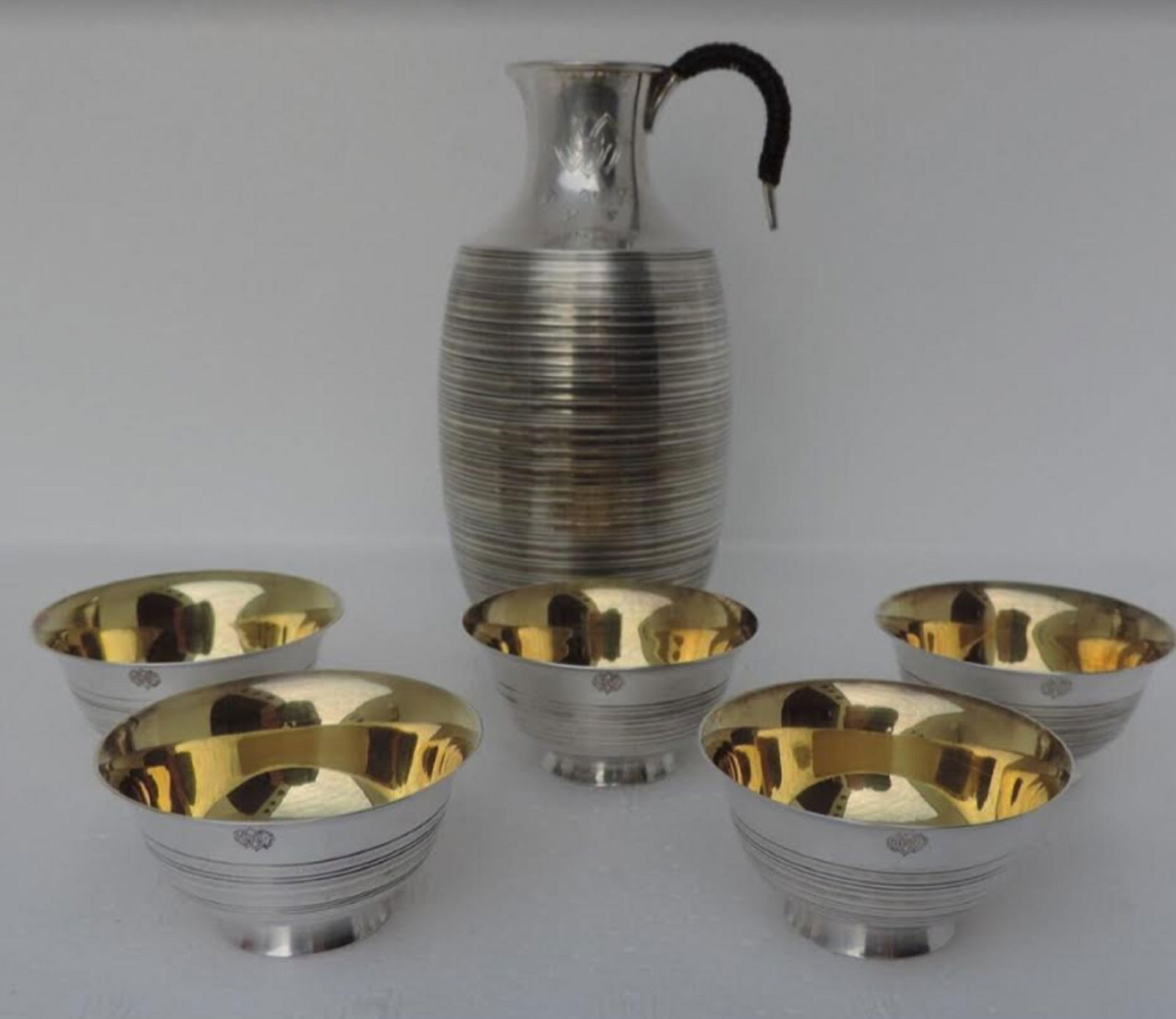 JAPANESE  STERLING SILVER SAKE DECANTER + 5 SAKE TEA CUPS SET BY MIYAMOTO WITH BOX (1 of 8)