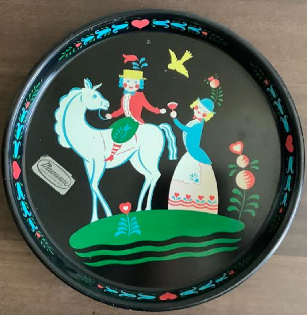 TIN LITHO Masonware Alcohol Beer Beverage Tray Dutch Folk MCM Man Horse & Lady 13 (1 of 3)