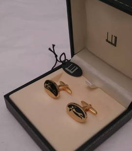 Sterling Silver Dunhill Golf Enamel and Gilt Cufflinks. With Orig Box: Sterling Silver Dunhill Golf Enamel and Gilt Cufflinks. Black enamel and gilt sterling silver Dunhill cuff links with golfer design. Comes in black flip-open box with gold design