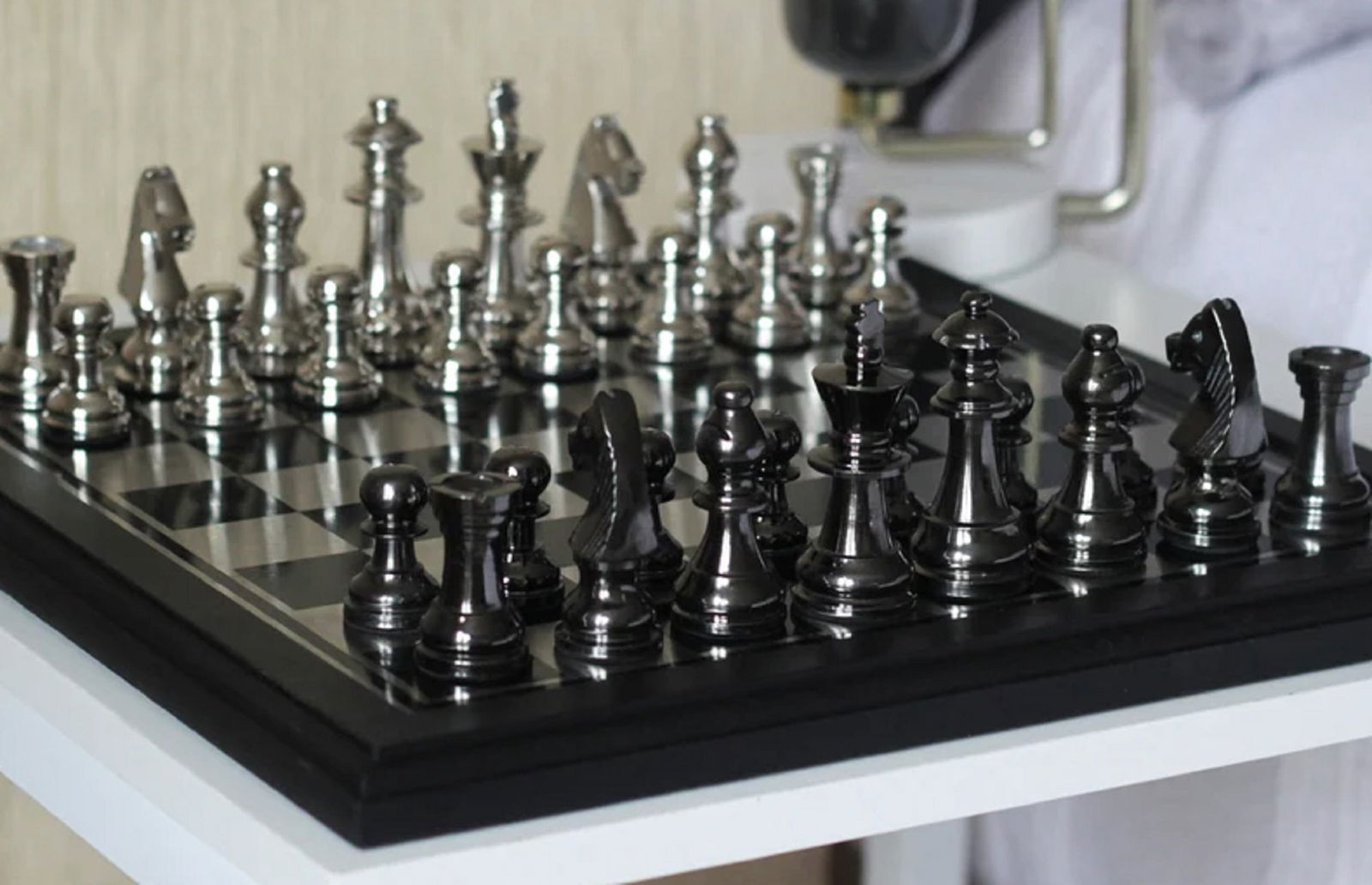 Metallic Silver and Black Handcrafted Chess Set with Storage Case (1 of 2)