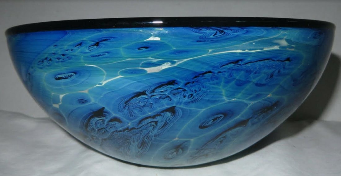 JOSH SIMPSON SIGNED BLUE NEW MEXICO HAND BLOWN ART GLASS LARGE BOWL (1 of 8)