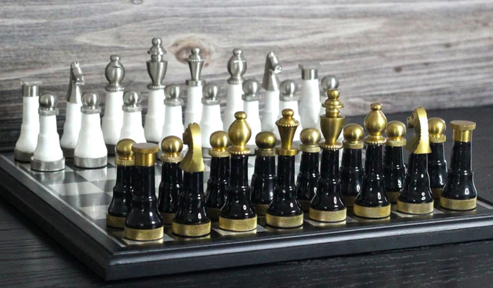Metallic Silver and Black Handcrafted Chess Set with Storage Case (1 of 3)