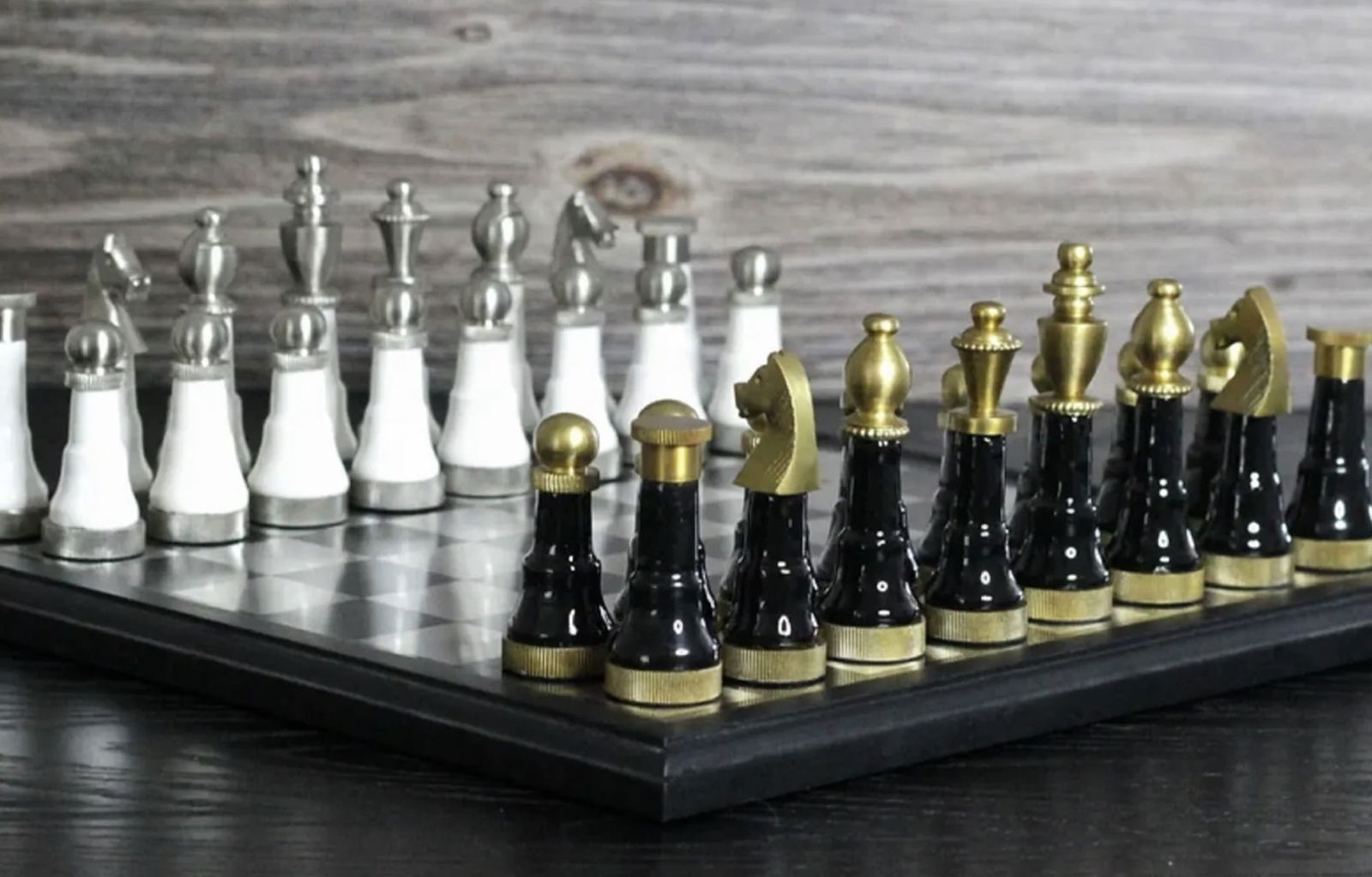 Metallic Chess Set | With Storage Case Gold & Silver Base, Black and White Center (1 of 5)