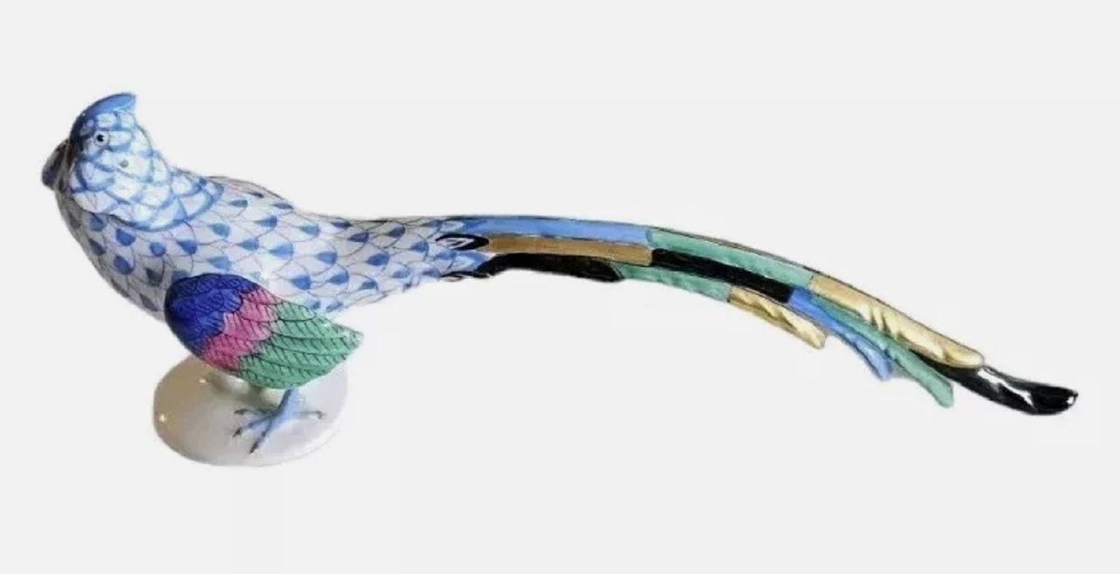 Herend Signed Large Blue Fishnet Pheasant with 24k Gold Accents (1 of 7)