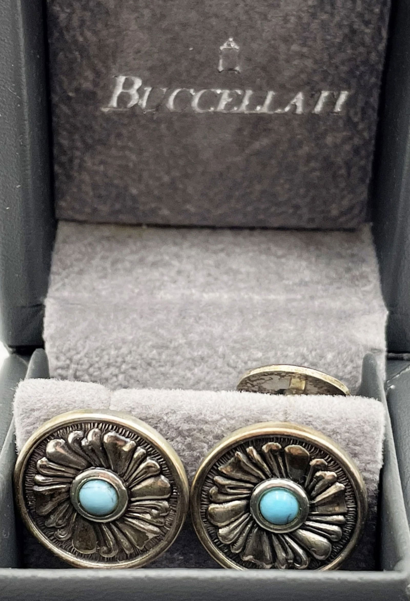 Buccellati  Sterling Silver  Italian Pair of & Turquoise Floral Cufflinks With Orig Box (1 of 6)