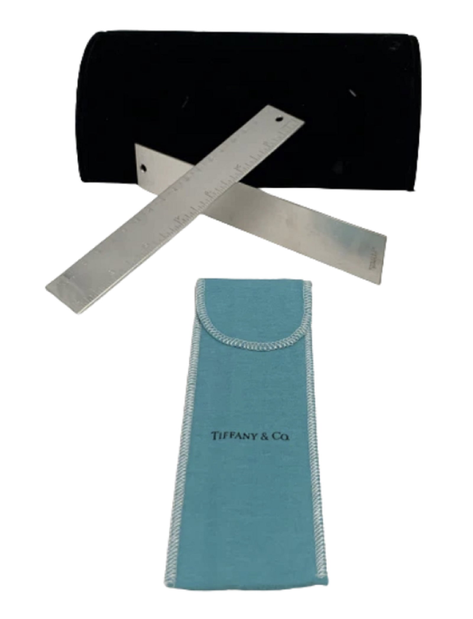 Tiffany & Co. Pair of Silver Metric Rulers in Classic Tiffany-Blue Pouch: Set of 2 Tiffany & Co. silver plate metric rulers measuring 7 inches (17 centimeters) long. Comes in an authentic Tiffany & Co. branded aqua-colored felt pouch. Brand new condition.