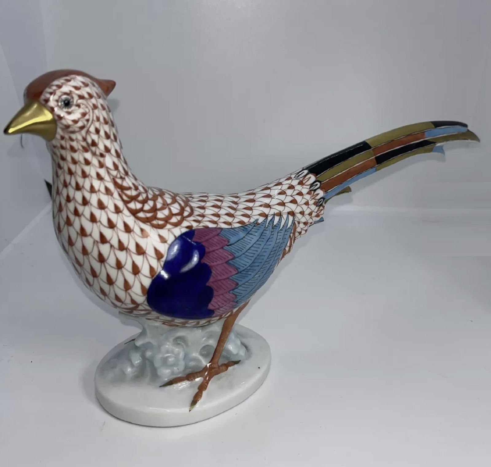 Herend Signed Large Rust Fishnet Pheasant Figurine with 24K Yellow Gold Accents (1 of 6)