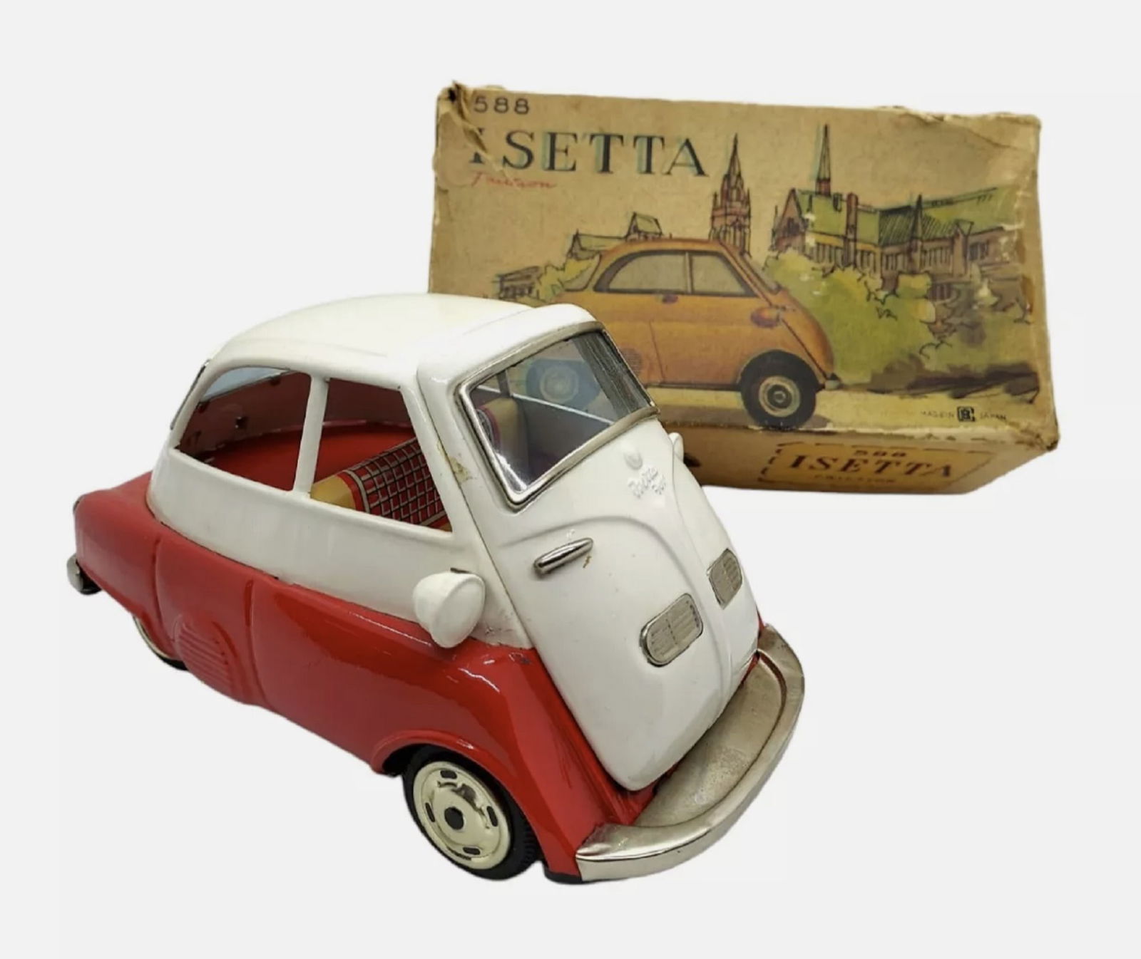 Bandai Isetta Friction Car Red and White B-588 with Box Made in Japan 1950's (1 of 12)