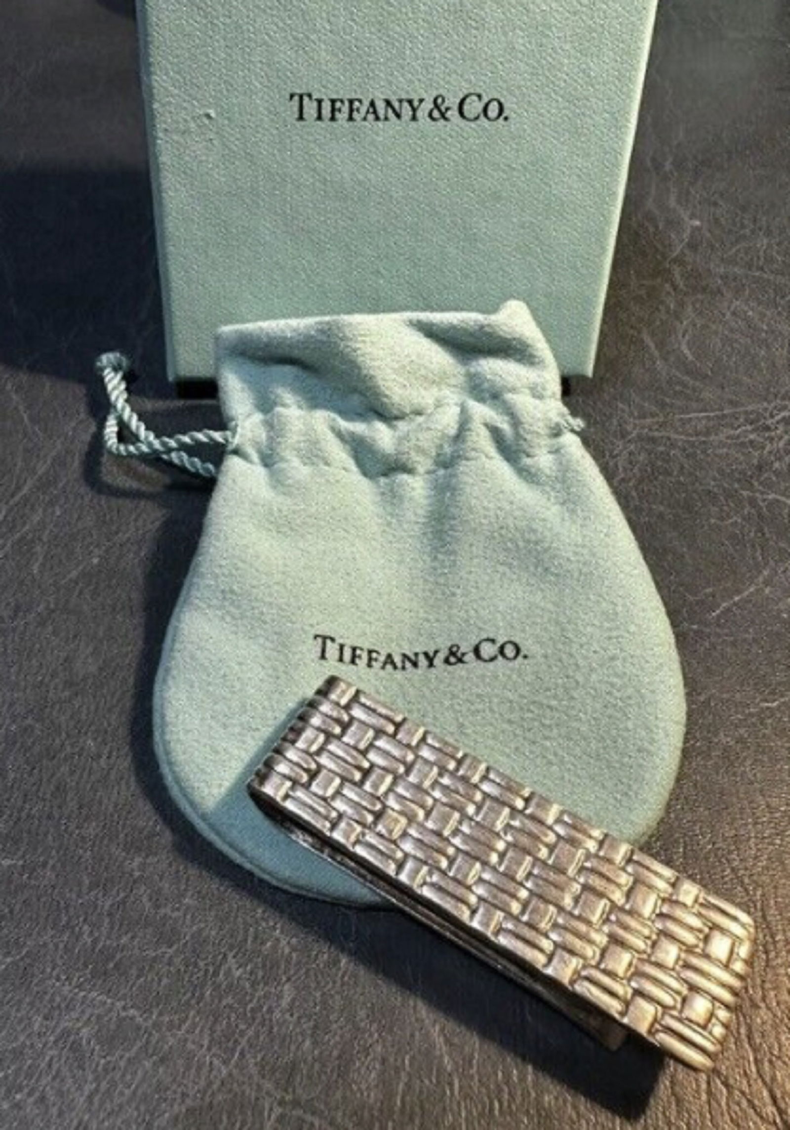 Tiffany and Co Sterling Silver Basket Weave Design Money Clip With Pouch and Box (1 of 6)