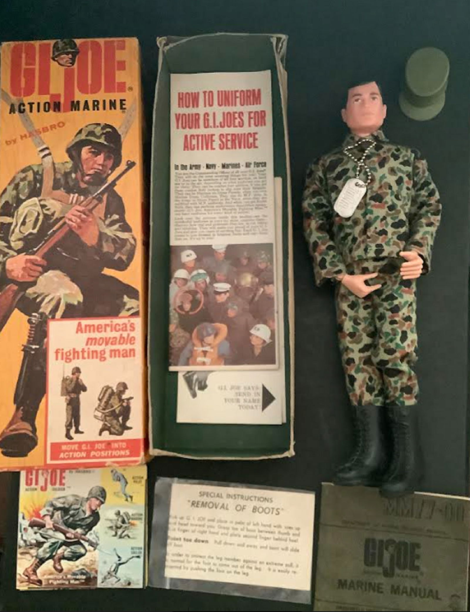 GI JOE VINTAGE HASBRO 1964-1969 ACTION MARINE 7700 WITH ORIGINAL BOX: GI JOE VINTAGE HASBRO 1964-1969 ACTION MARINE 7700 WITH ORIGINAL BOX THE FIGURE AND BOX ARE IN VERY GOOD CONDITION, CONSIDERING THE AGE. Comes with a plastic case for the complete set.