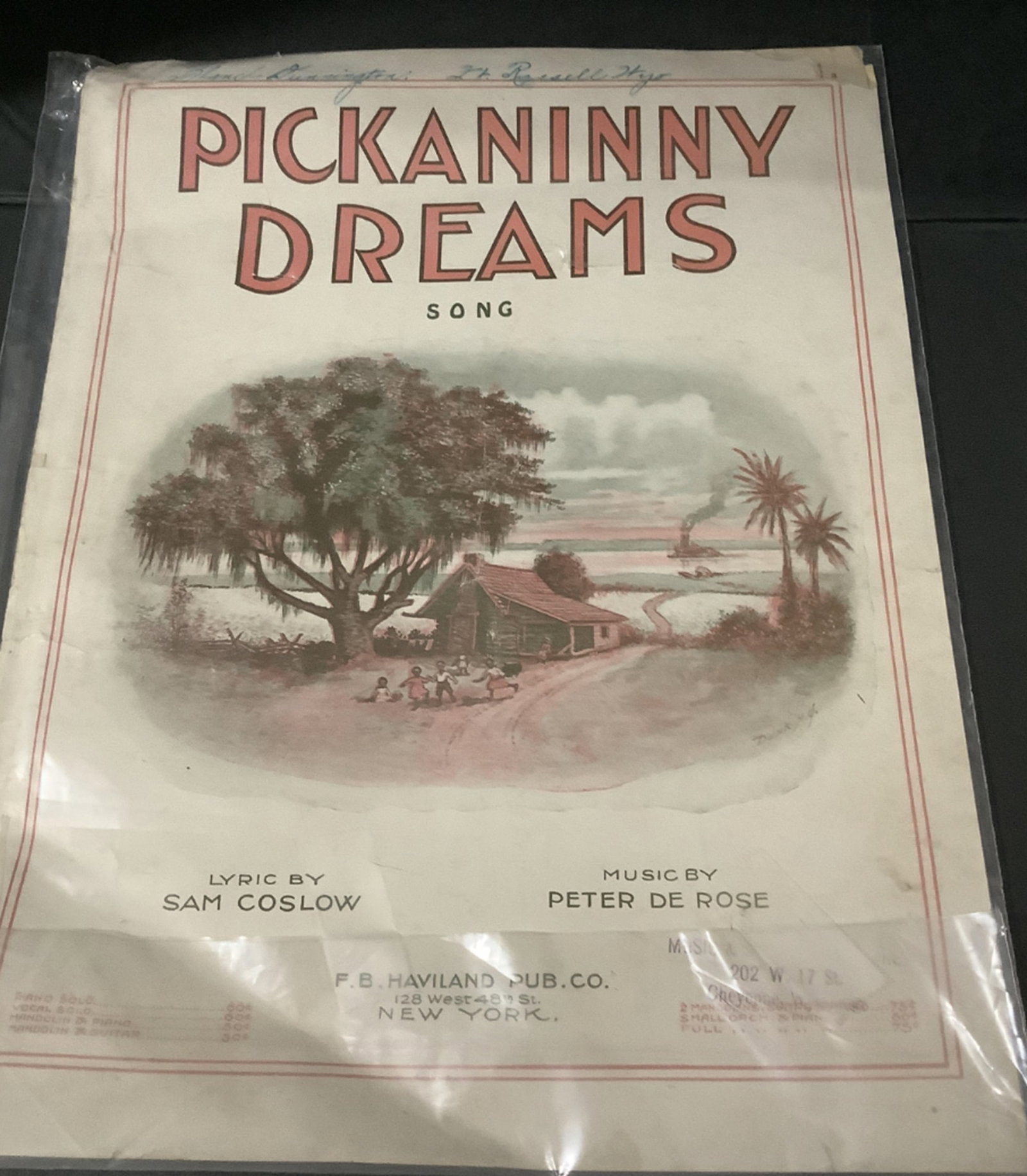 Pickaninny Dreams Sheet Music A popular song from 1919: Pickaninny Dreams Sheet Music A popular song from 1919. Words by Sam Coslow. Music by Peter De Rose. Arranged by Eugene Plateman. Measures approx 10.5 inches x 13.5 inches