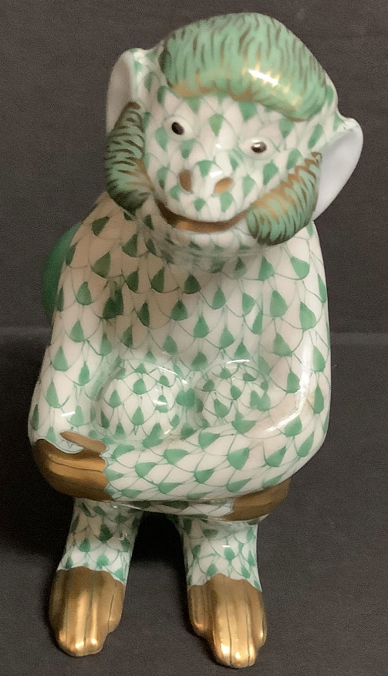 Herend Signed Green Fishnet Monkey with 24k Gold Accents (1 of 8)