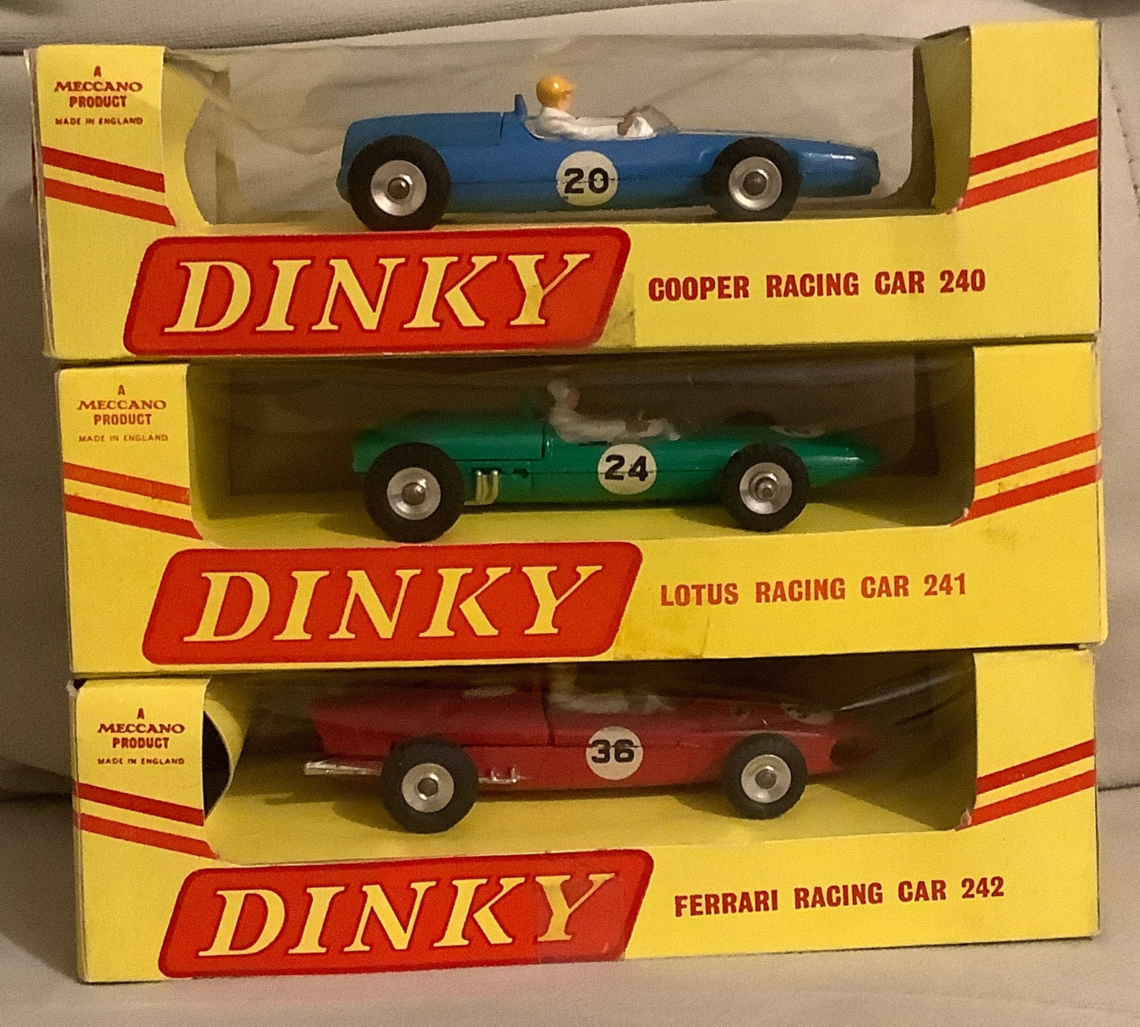 Dinky Racing Cars with orig Box! #240 Cooper, #242 Ferrari, #241 Lotus: Dinky Racing Cars with orig Box! #240 Cooper, #242 Ferrari, #241 Lotus
