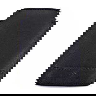 Stephen Webster Calfskin Leather iPhone Case 3014092: With stitching in royal violet nuance and marvelous imprint on the back adding a subtle aesthetic touch to the black leather, this exceptional iPhone case from Stephen Webster is a tasteful and