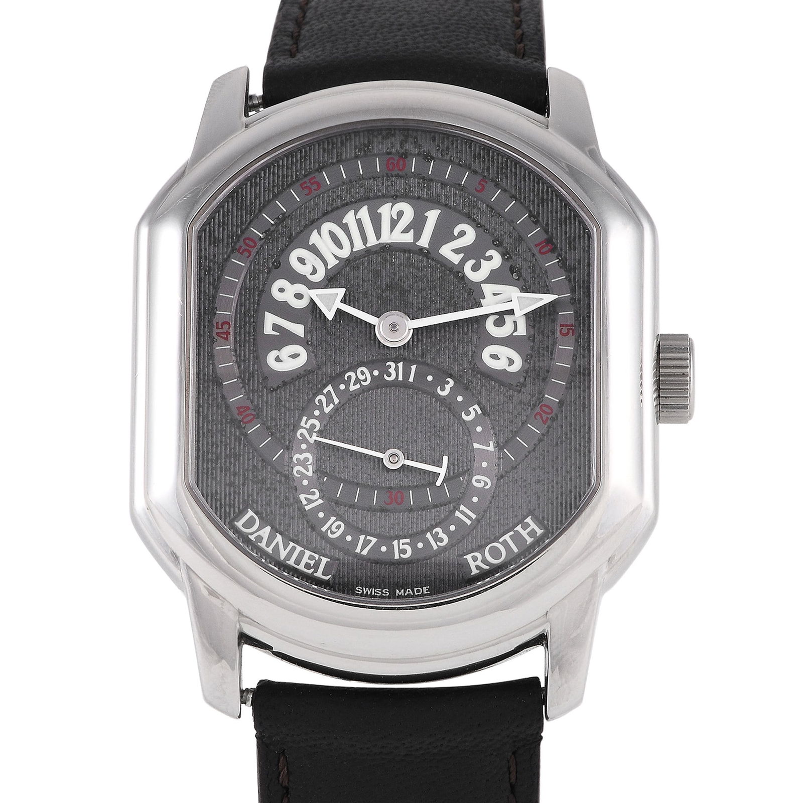 Daniel Roth Premier Retrograde Leather Watch 807.L.10: You won't regret adding this timepiece to your collection. The Daniel Roth Premier Retrograde Leather Men's Watch 807.L.10 has the iconic case shape Daniel Roth is known for. Fashioned in steel, the 4