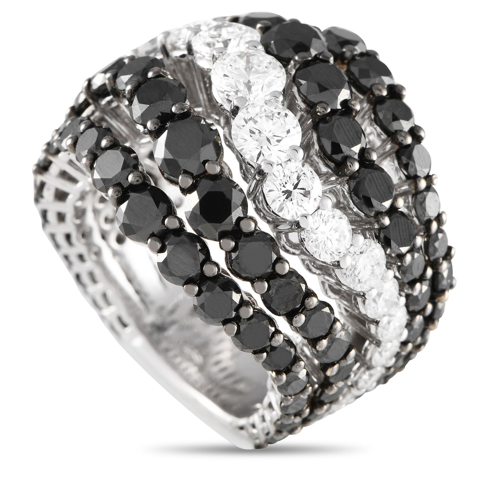 Bucherer 18K White Gold 10.86ct Black and White Diamond Ring: A stunning array of diamonds makes this Bucherer ring simply unforgettable. Alternating bands of black diamonds totaling 8.20 carats and white diamonds totaling 2.66 carats are only elevated by the cu