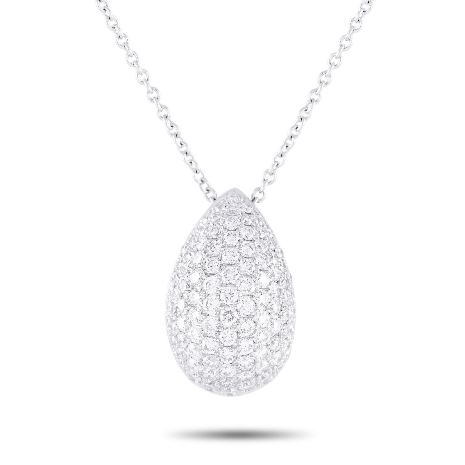Bucherer 18K White Gold 1.22ct Diamond Pave Teardrop Necklace BU02-071124: A dazzling diamond necklace that will seamlessly fit into every woman's wardrobe. This Bucherer piece is rendered in 18K white gold. It features a 17-long chain and a domed teardrop-shaped pendant wra