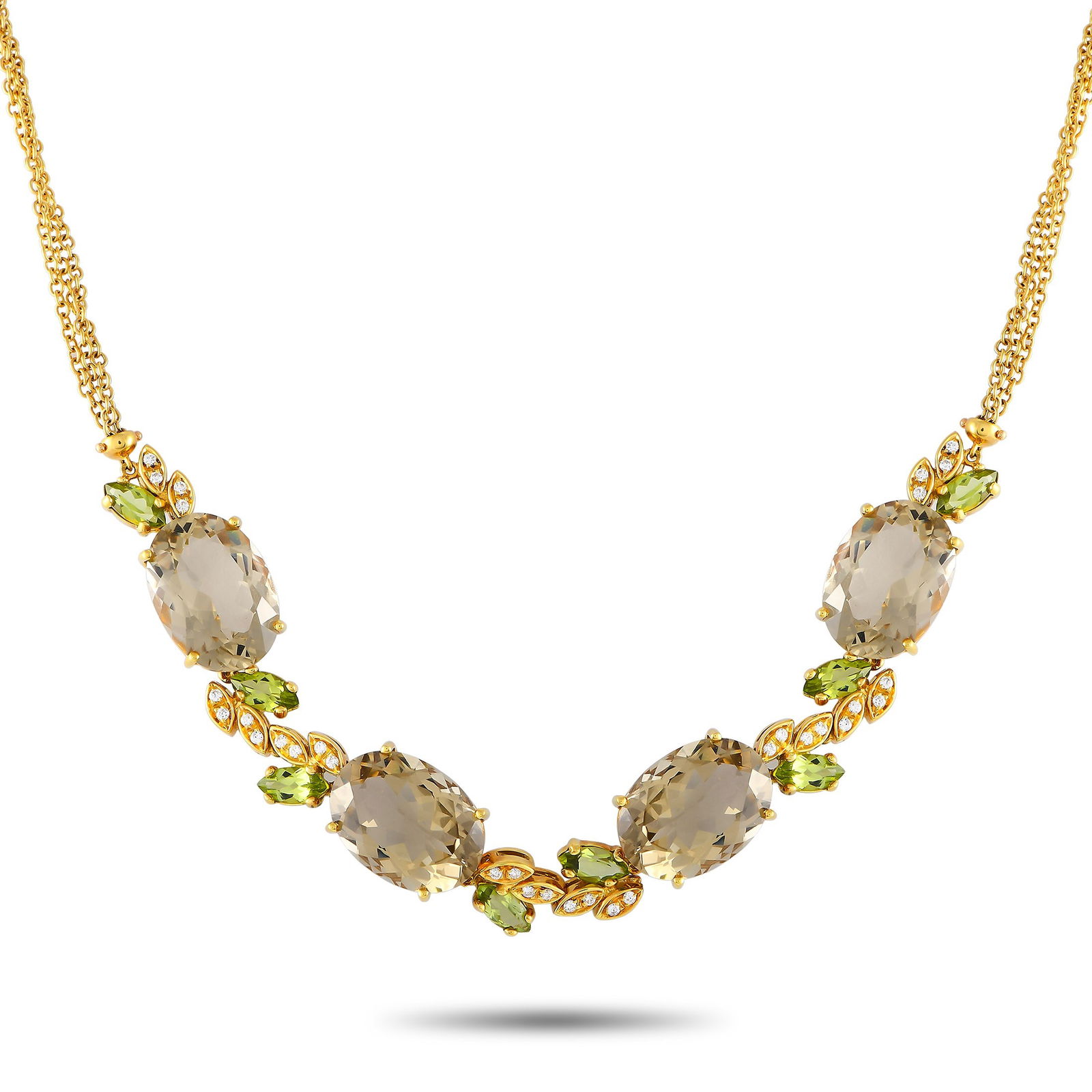 Bucherer 18K Yellow Gold 0.50ct Diamond, Quartz and Peridot Necklace BU03-071124: Ready for the next soire? Polish your outfit with this impressive multi-gem necklace from Bucherer. This 17-inch-long necklace in 18K yellow gold boasts a double chain detailed with an opulent trail o