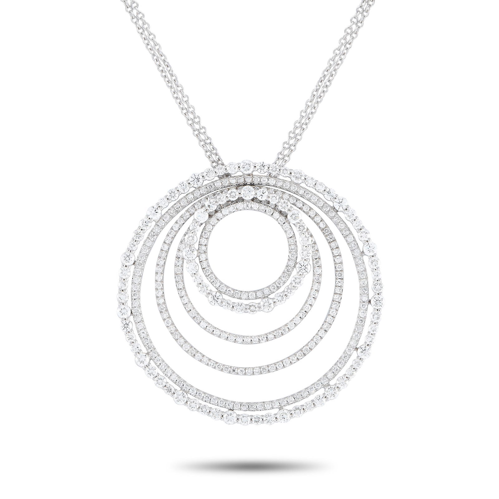 Bucherer 18K White Gold 4.25ct Diamond Circle Necklace: Possessing endless sparkle, this white gold Bucherer necklace offers a brilliant way to round out your look. It features a double-strand necklace with a lobster clasp. The pendant is made of six rings