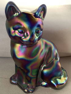 Fenton Iridescent Carnival Glass Hand Painted Sitting Cat Signed Figurine: Fenton Iridescent Carnival Glass Hand Painted Sitting Cat Signed Figurine Measures approx 4 inches tall