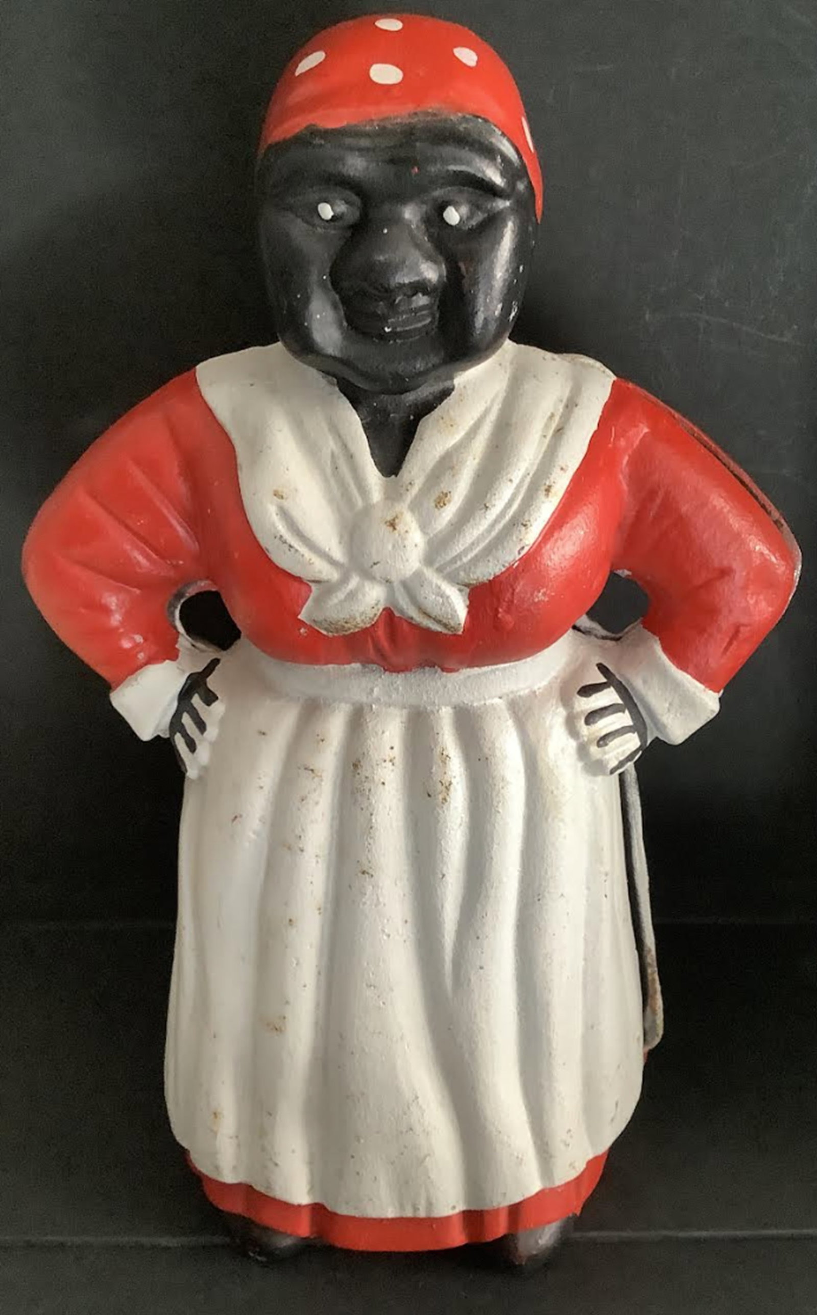 Black American Aunt Jamima Cast Iron Bank Figurine Statue: Black American Aunt Jamima Cast Iron Figurine Statue Measures approx 10 inches tall. This is the same, circa 1925, cast iron coin bank as shown on display at the Smithsonian in the "National Museum of