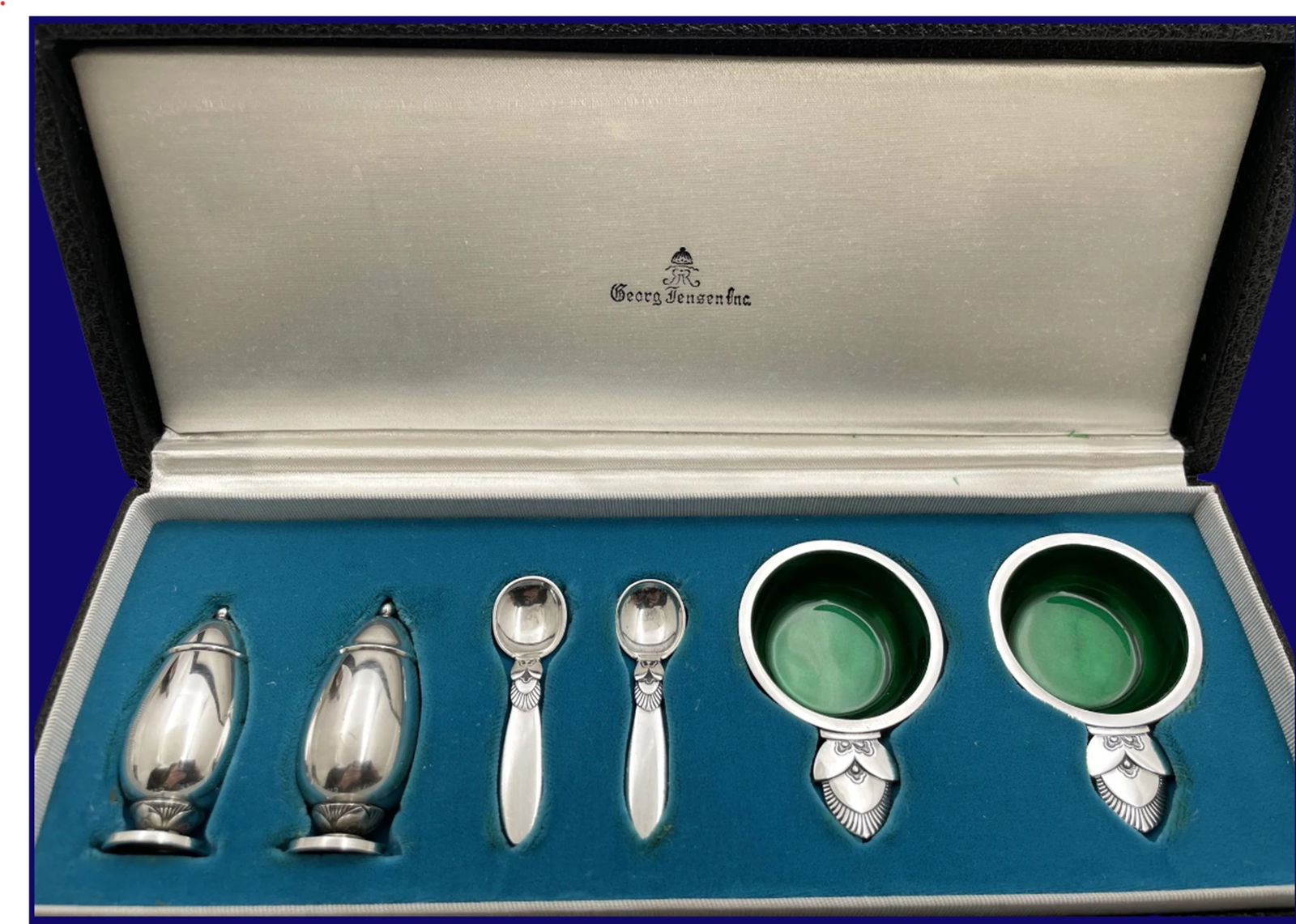 Georg Jensen Sterling Silver Condiment Set in Cactus Pattern with Salt Shakers, Cellars, and Spoons (1 of 11)