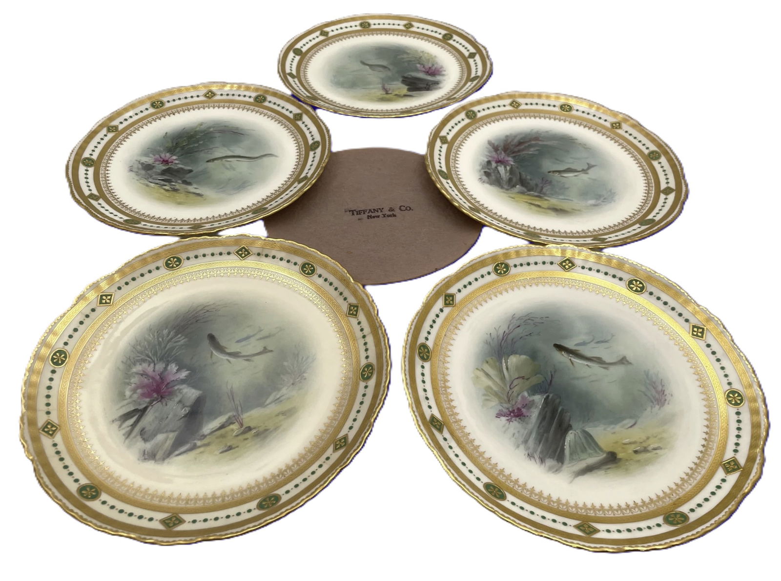 Tiffany & Co. by Mintons Set of 5 Fine China Plates / Dishes with Fish Motifs: Tiffany & Co. by Mintons Set of 5 Fine China Plates / Dishes with Fish Motifs. Set of 5 Minton's for Tiffany & Co. china plates or dishes, beautifully adorned with gilding and various motifs. The plat